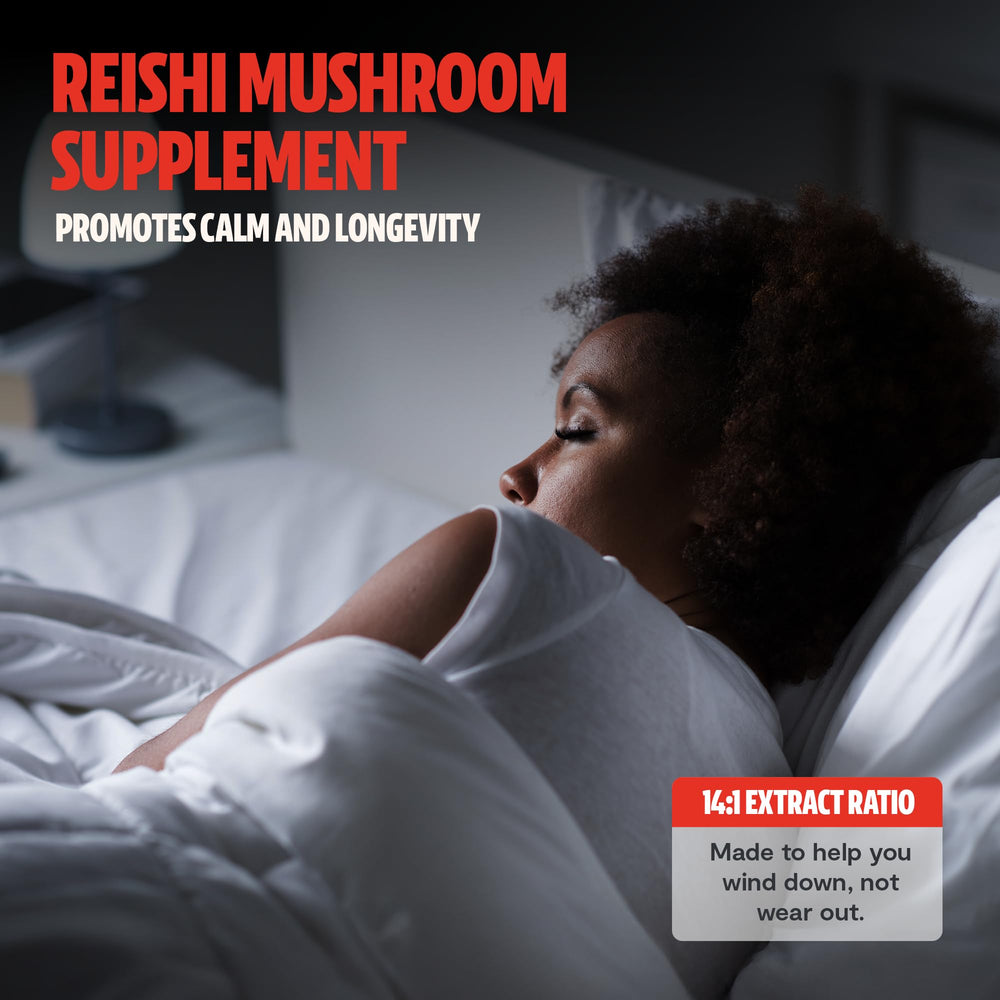 FreshCap Mushrooms Reishi product beside tea for a cozy self-care moment