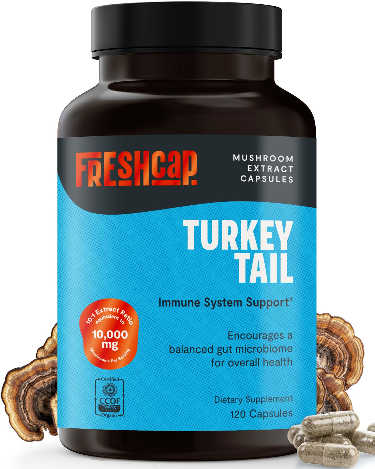 FreshCap Mushrooms Turkey Tail bottle front promoting immune support capsules.
