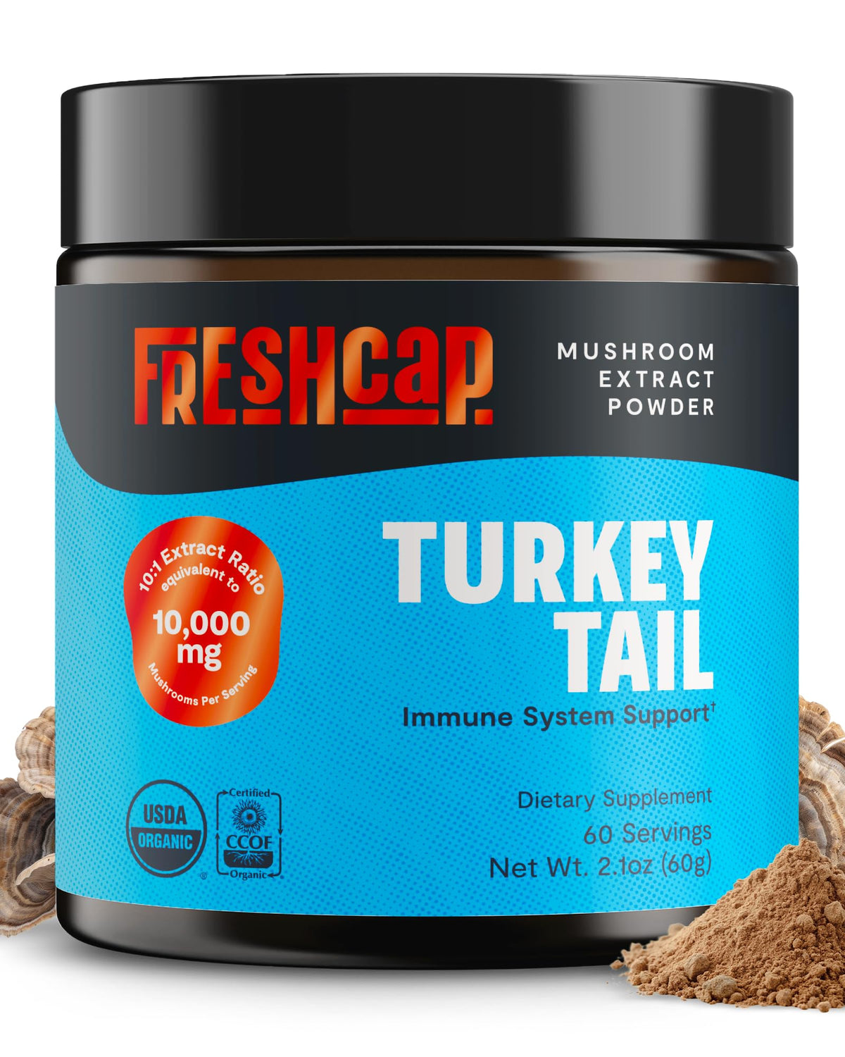 FreshCap Mushrooms Turkey Tail Powder jar showing 10:1 extract for immune support.