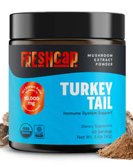 FreshCap Mushrooms Turkey Tail Powder jar showing 10:1 extract for immune support.
