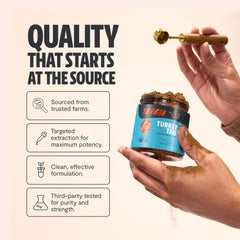 Close-up of FreshCap Turkey Tail powder label highlighting organic ingredients.