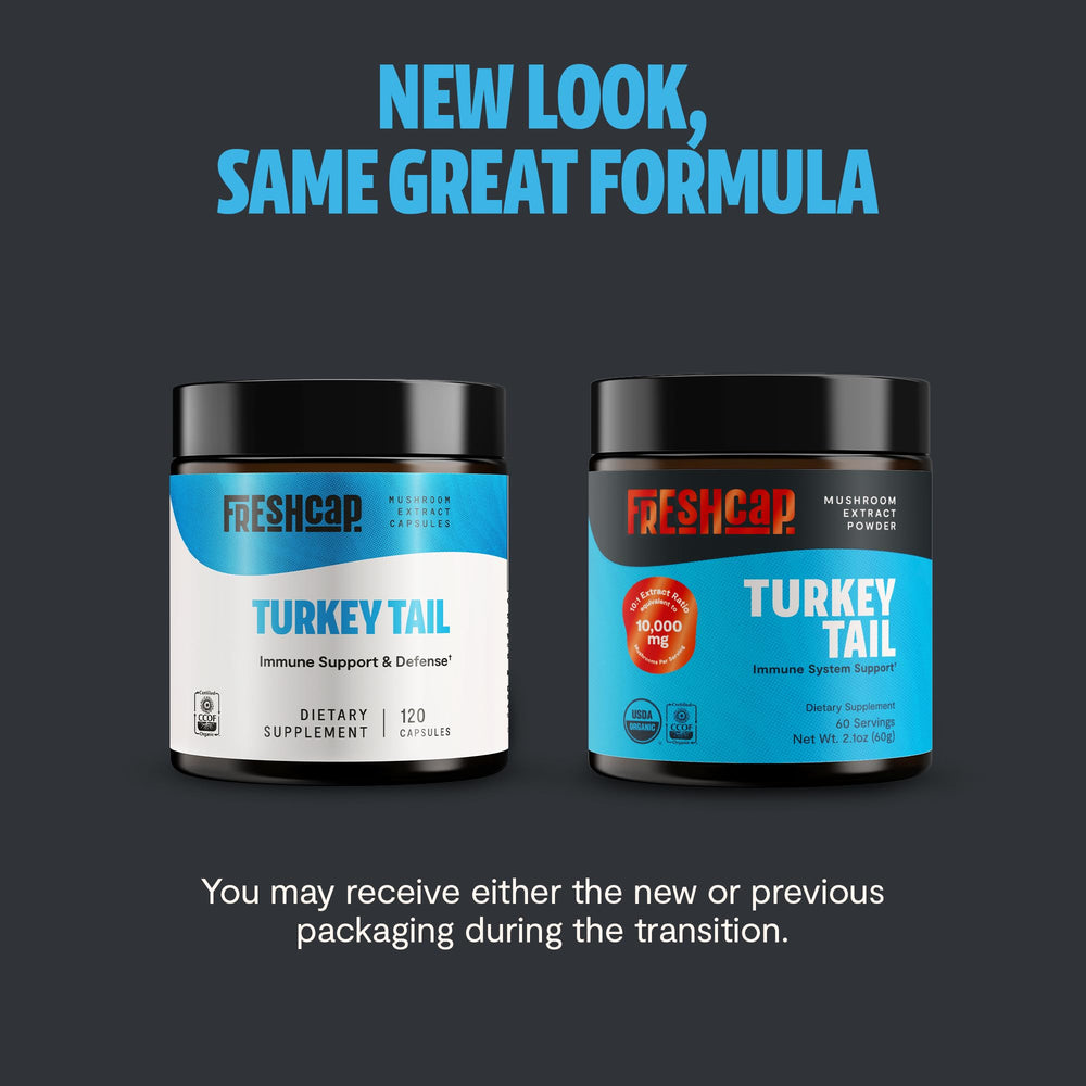 FreshCap Turkey Tail powder scoop beside serving-size measure for daily use.