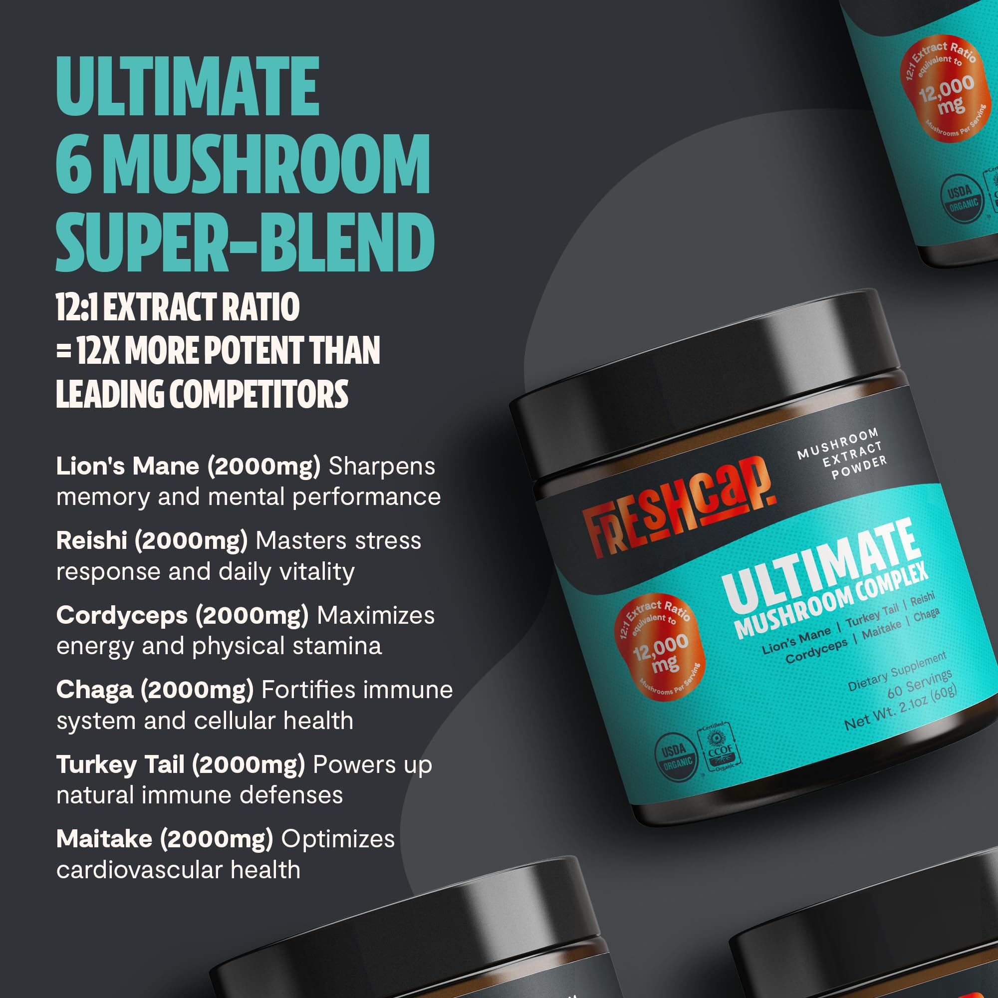 FreshCap Mushrooms Ultimate Lions Mane close-up suggesting memory and focus benefits.