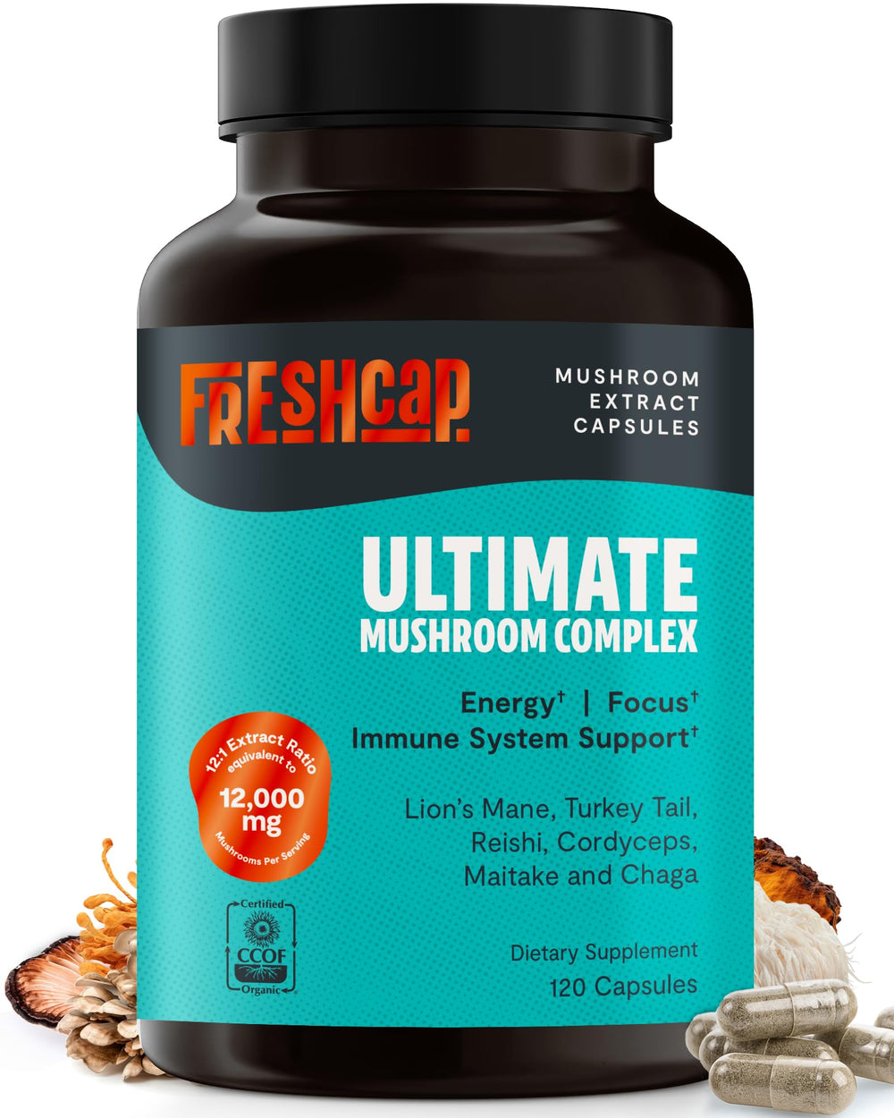 FreshCap Mushrooms Ultimate Mushroom Supplement bottle with 12k potency for daily vitality.