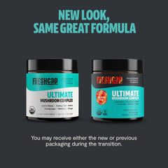 FreshCap Mushrooms Ultimate powder scoop illustrating high-potency mushroom blend.