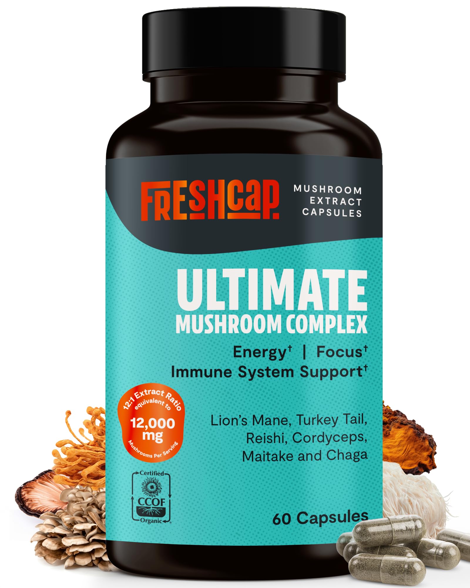 FreshCap Mushrooms Ultimate supplement bottle displayed for daily focus and clarity support