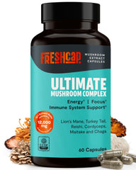 FreshCap Mushrooms Ultimate supplement bottle displayed for daily focus and clarity support