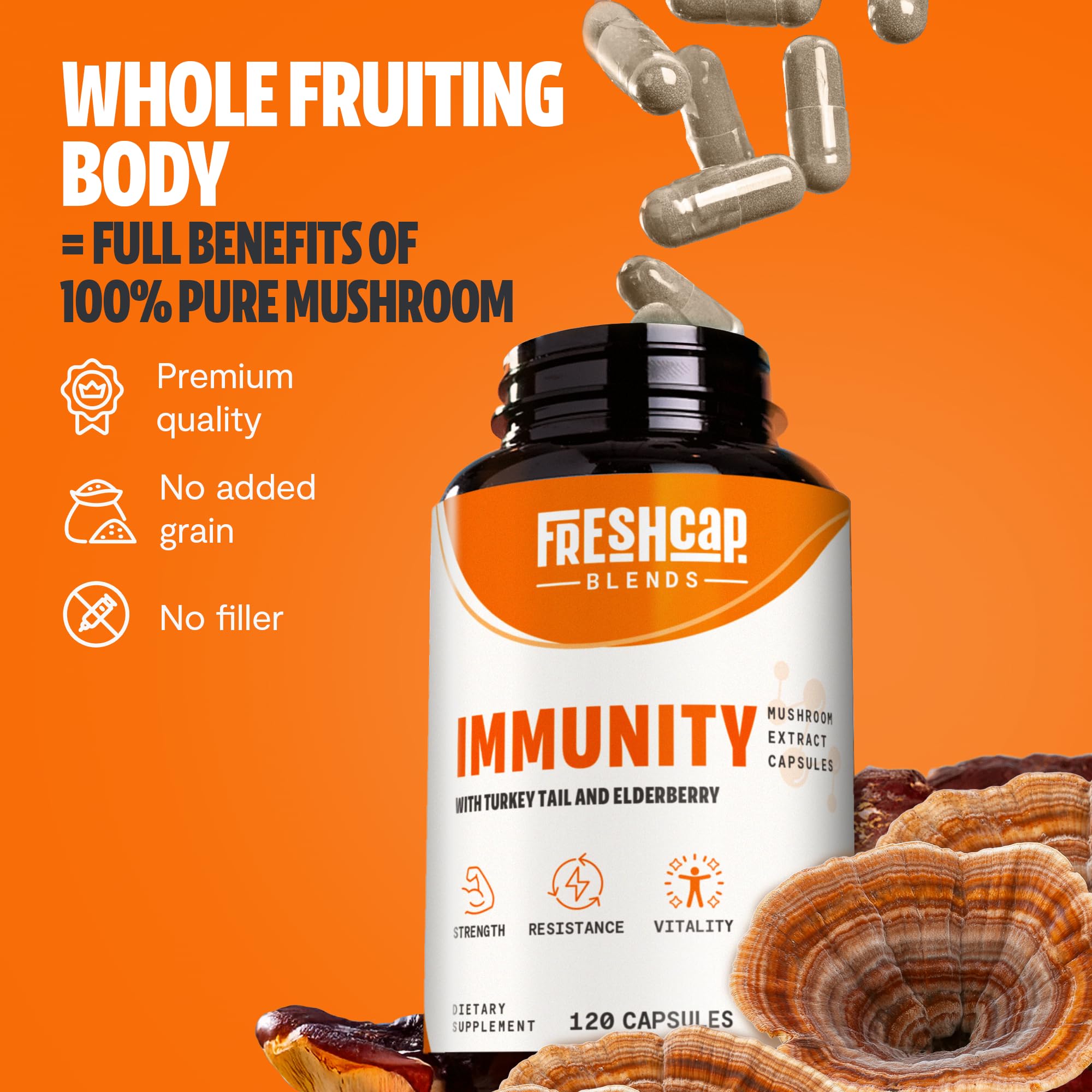 FreshCap organic certification and non-GMO label emphasize clean, trustworthy ingredients.