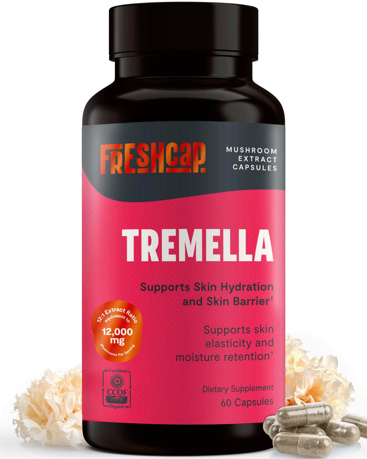FreshCap Tremella capsules in a bottle promote skin hydration and radiance.