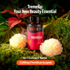 Closeup of FreshCap Tremella label highlighting 40% beta-glucans and potency.