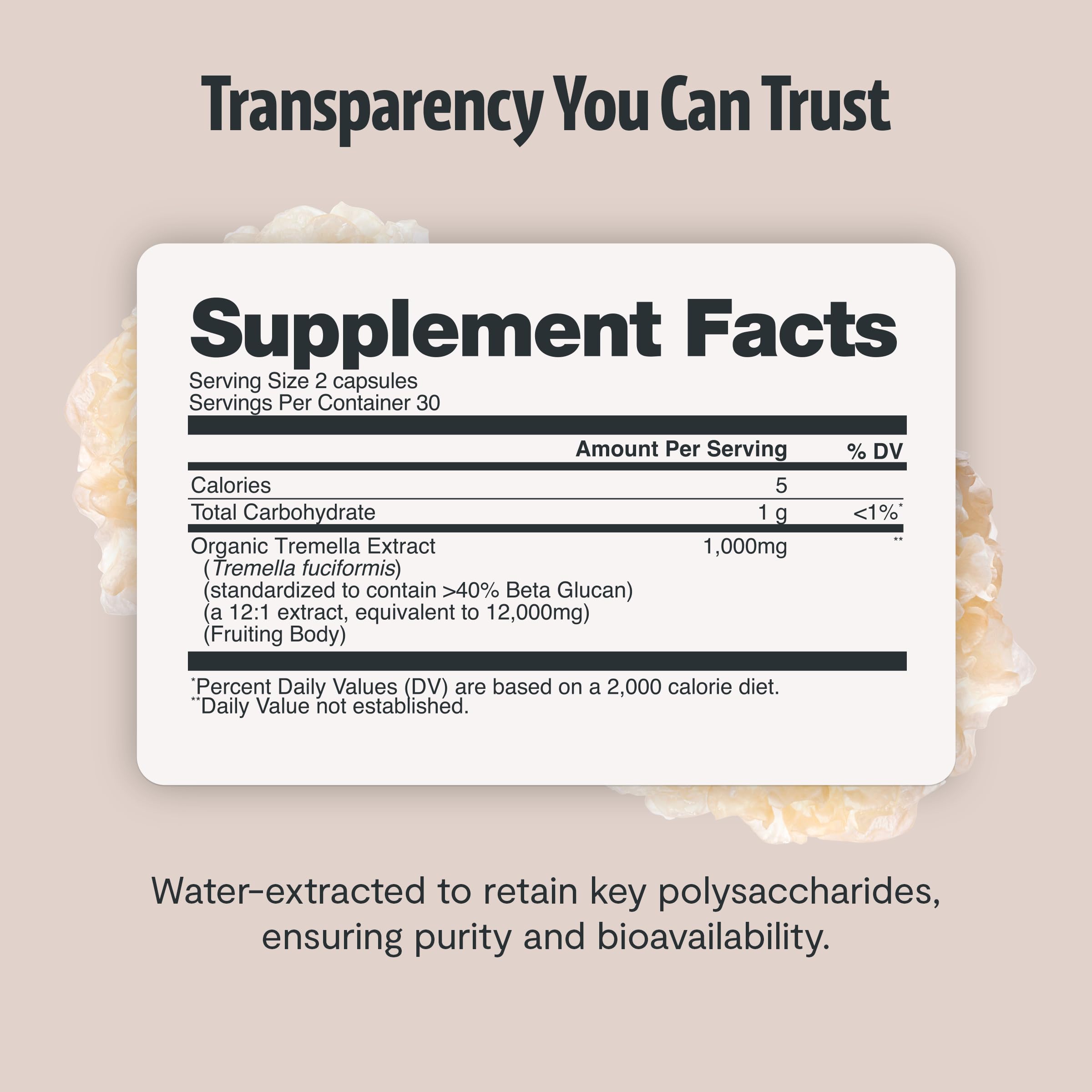 FreshCap Tremella capsules on natural wood surface for holistic skin health.