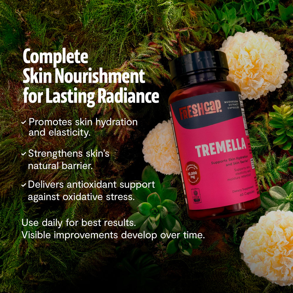 Organic certification seal on FreshCap Tremella packaging signals purity.