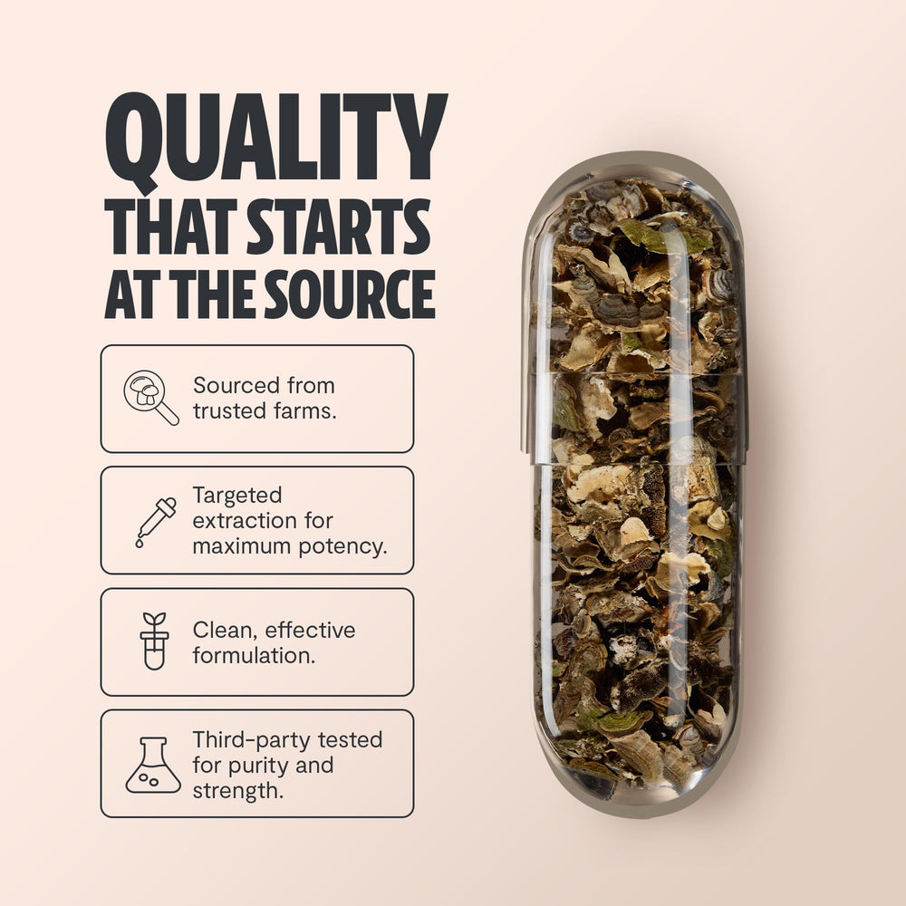 Close-up of FreshCap Turkey Tail capsules highlighting vegan, gluten-free formula.