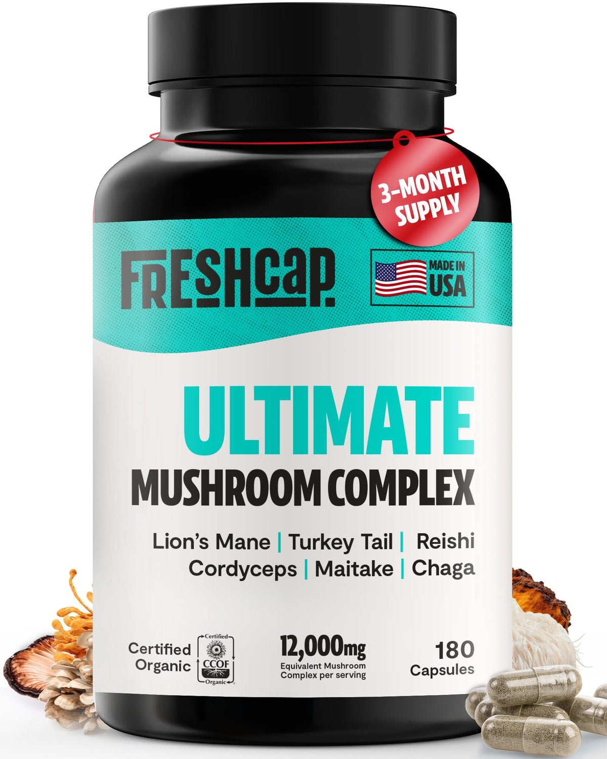 FreshCap Ultimate Mushroom Supplement bottle shows easy to swallow capsules for daily immune support and focus.