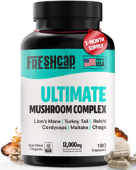 FreshCap Ultimate Mushroom Supplement bottle shows easy to swallow capsules for daily immune support and focus.