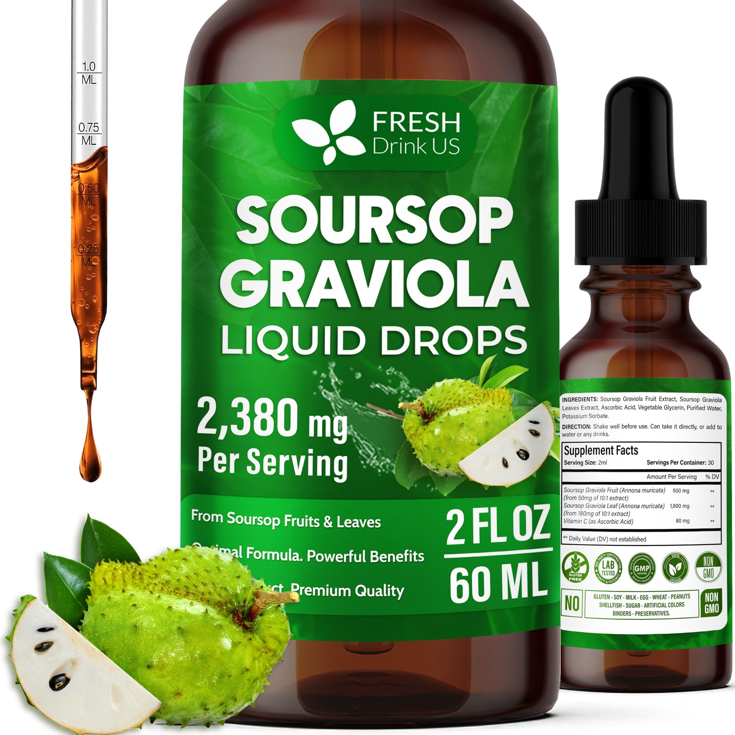 FRESHDRINKUS Soursop liquid bottle showing premium extract for daily wellness