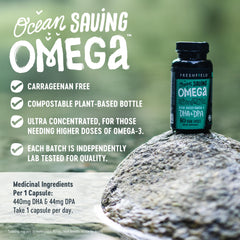 Freshfield Ocean-Saving Omega algae oil bottle emphasizing sustainable sourcing.