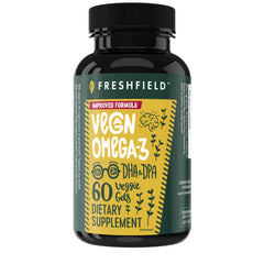 Freshfield Omega-3 vegano, botella, posible apoyo al corazón y claridad mental.