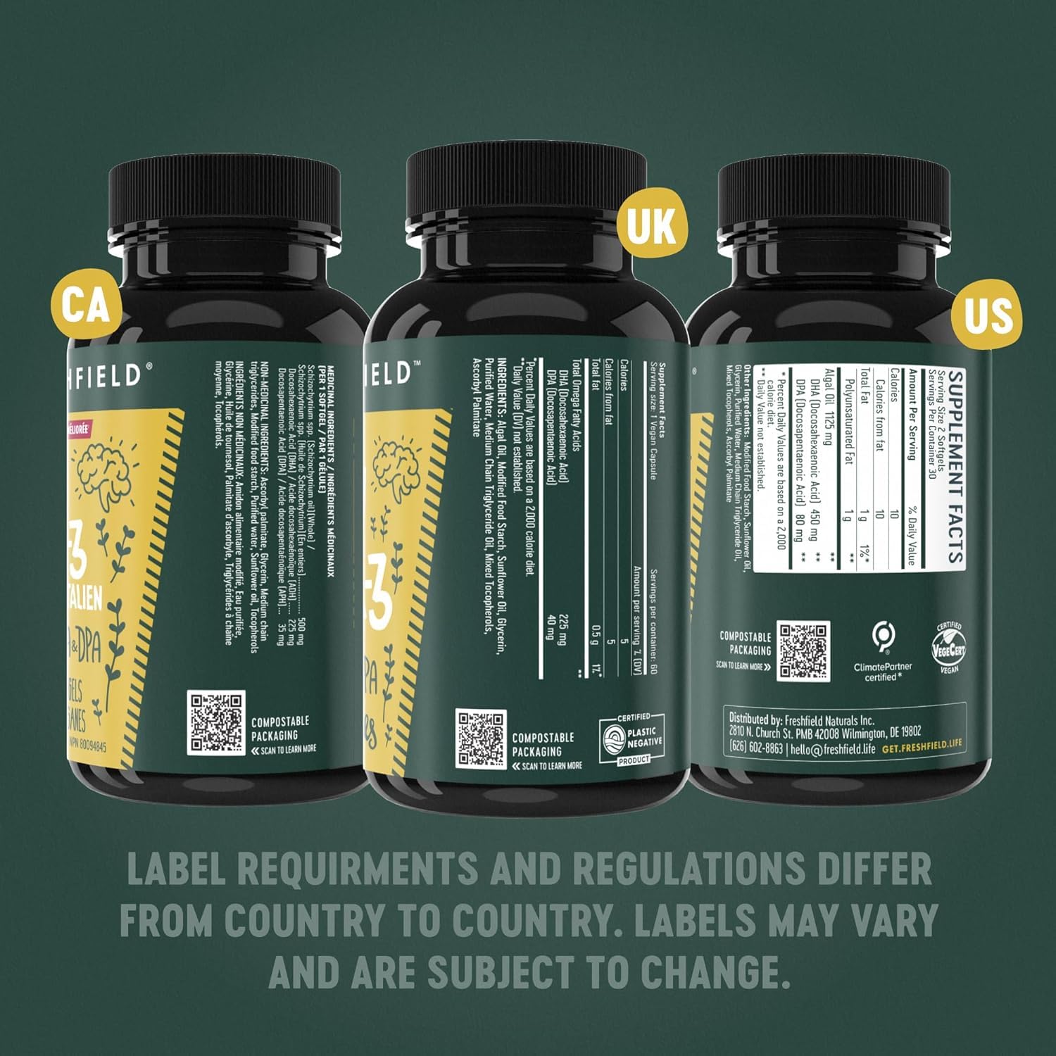 Freshfield Omega-3 vegano, origen norteamericano, control de calidad riguroso.
