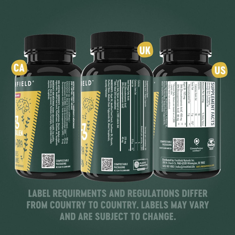 Freshfield Omega-3 vegano, origen norteamericano, control de calidad riguroso.