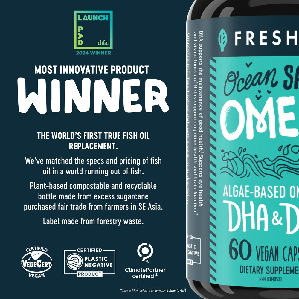 Freshfield Omega-3 one-per-day softgel shown for convenient routines.