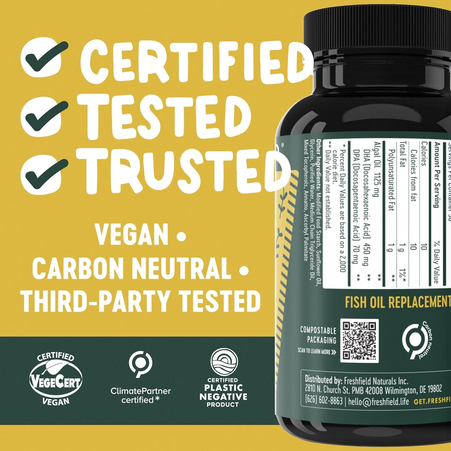 Freshfield vegan omega-3 algae source image, highlighting algae origin and sustainability