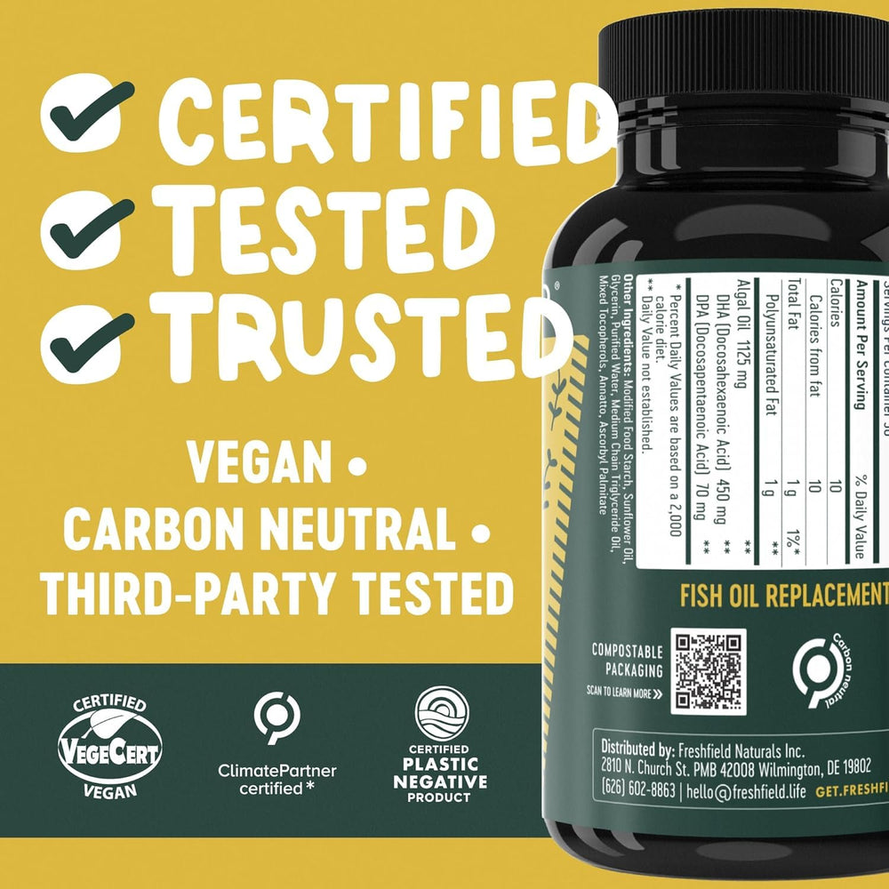 Freshfield vegan omega-3 algae source image, highlighting algae origin and sustainability