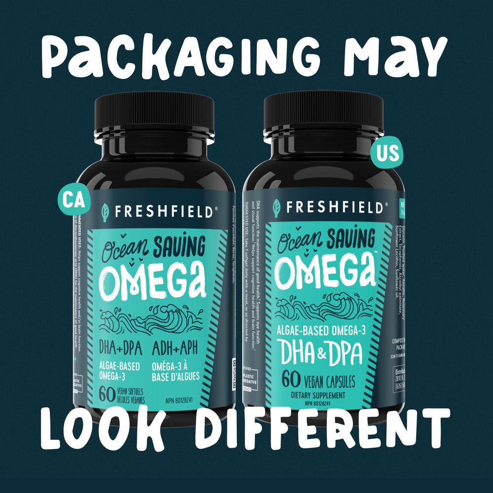 Freshfield vegan omega-3 DHA capsule on a bright surface.