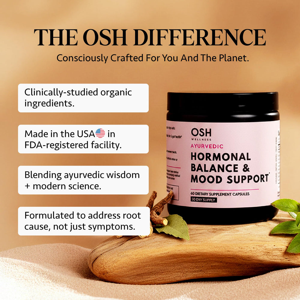 Freshly Moms Ayurvedic Hormone Balance stress relief imagery highlights cortisol-friendly herbs