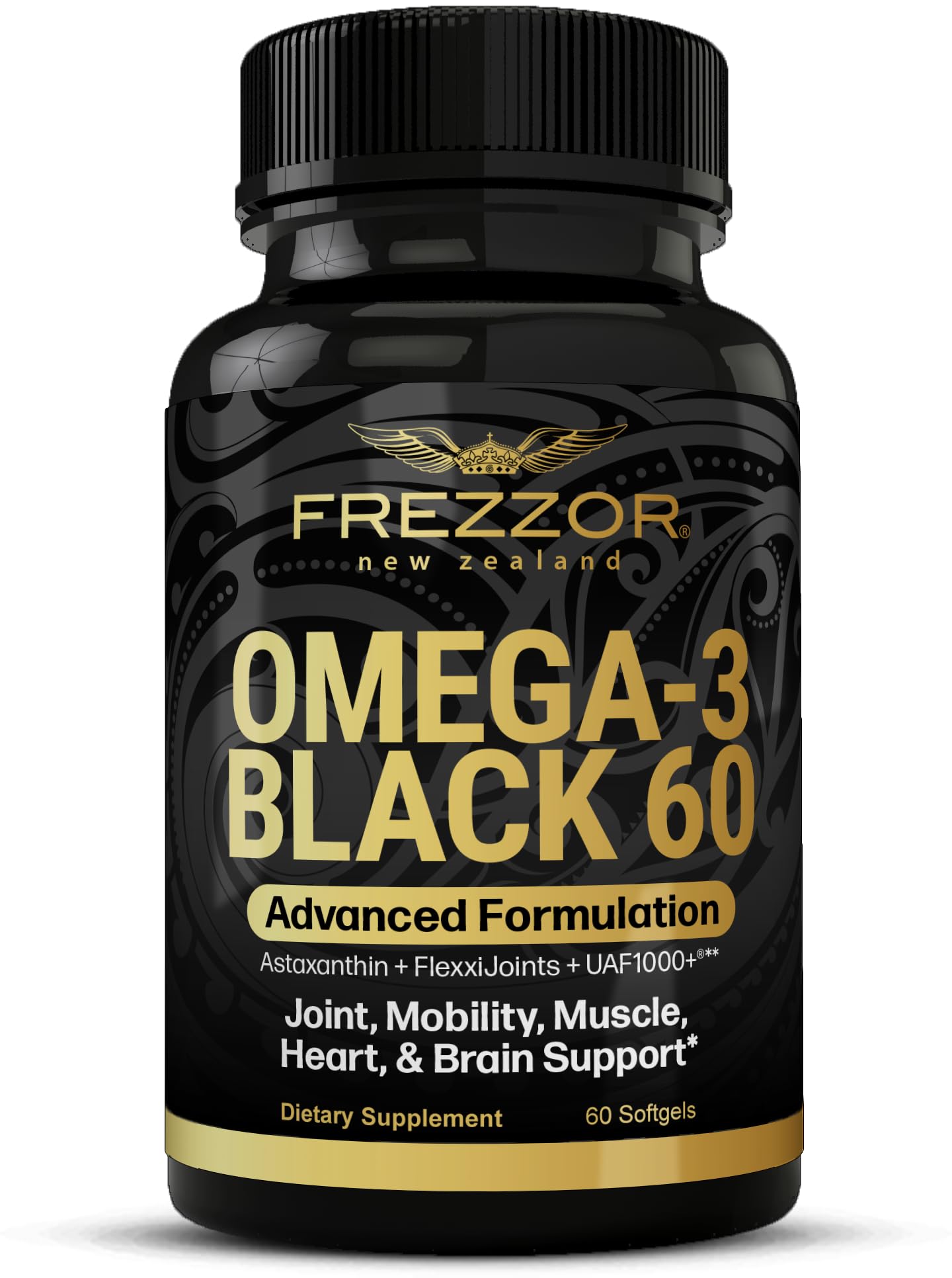 FREZZOR Omega 3 Black bottle on display for joint comfort support.
