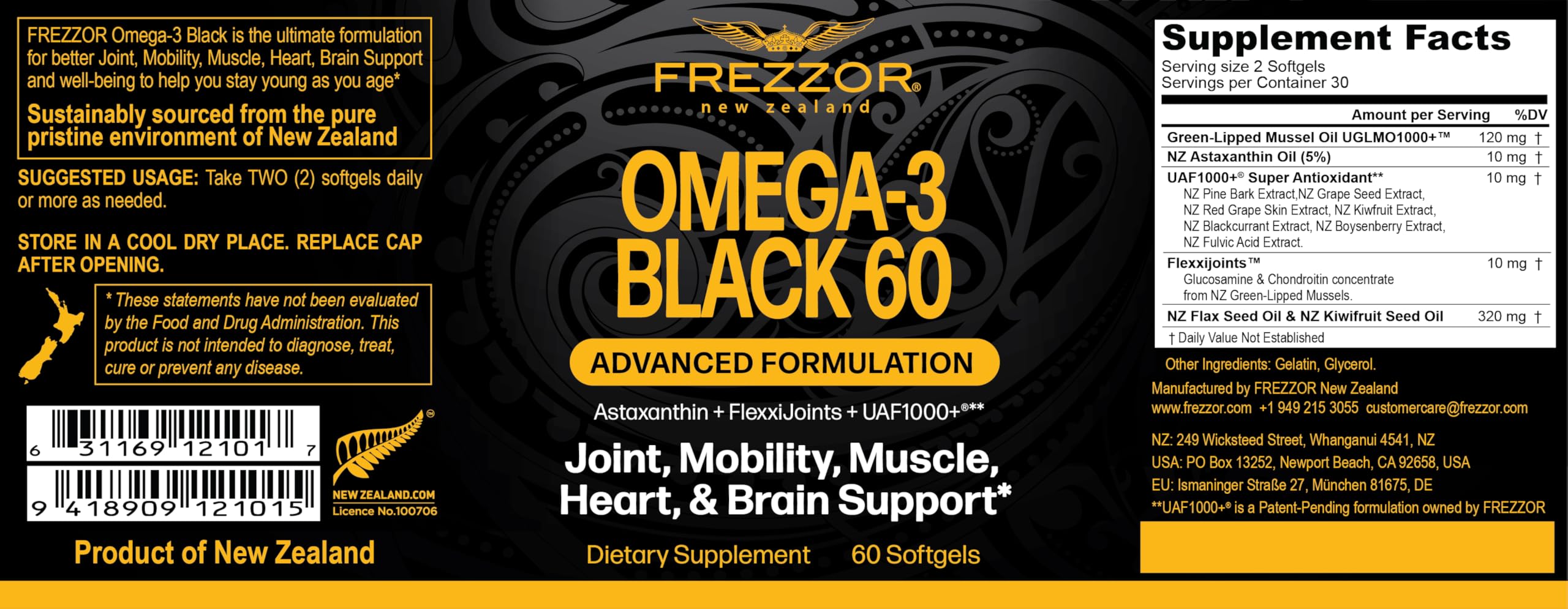 Close-up of FREZZOR Omega 3 Black softgels, small and easy to swallow for daily joint care.