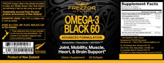 Close-up of FREZZOR Omega 3 Black softgels, small and easy to swallow for daily joint care.