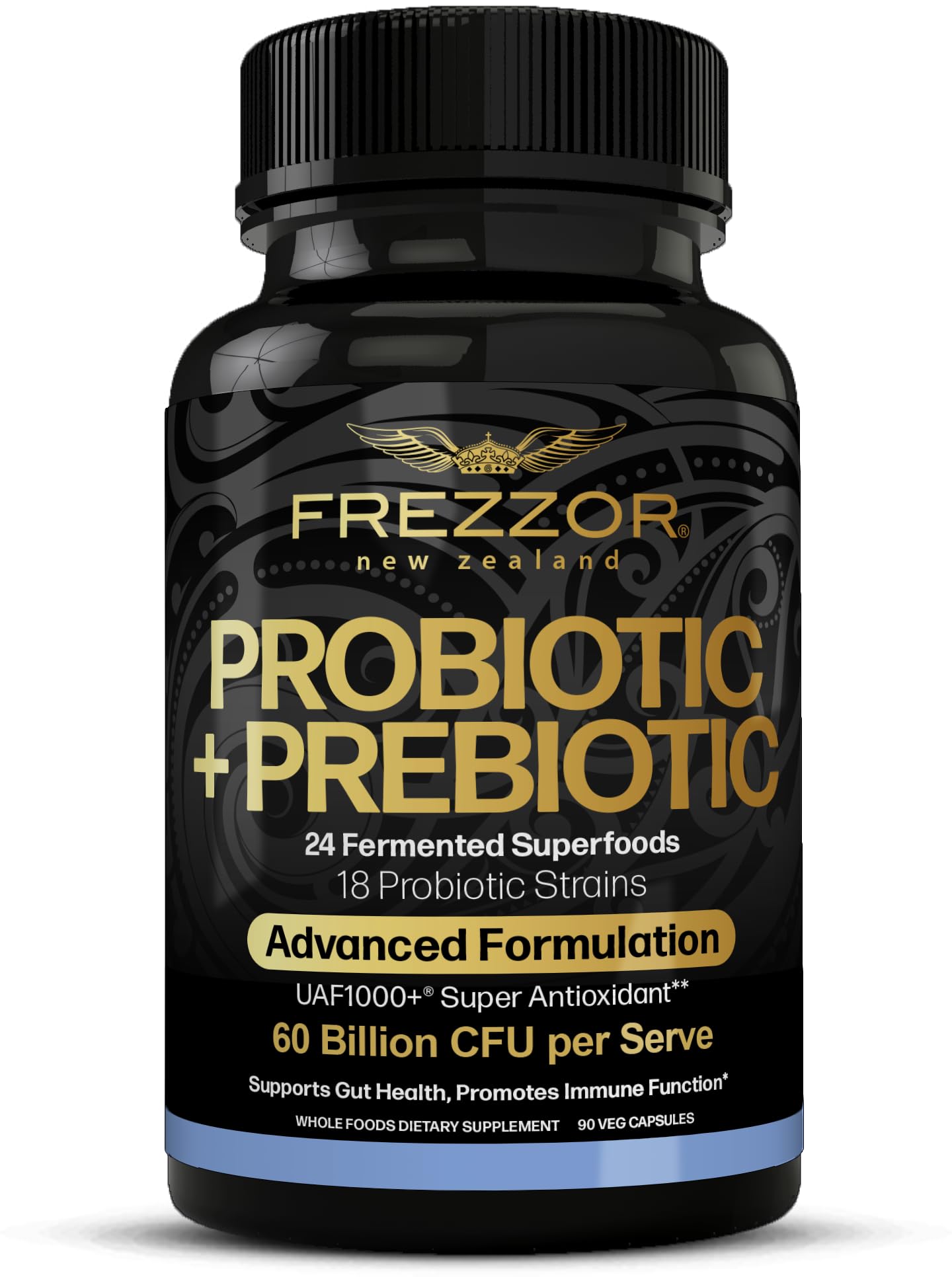 Frezzor Probiotic + Prebiotic bottle with 90 capsules supporting daily gut balance.