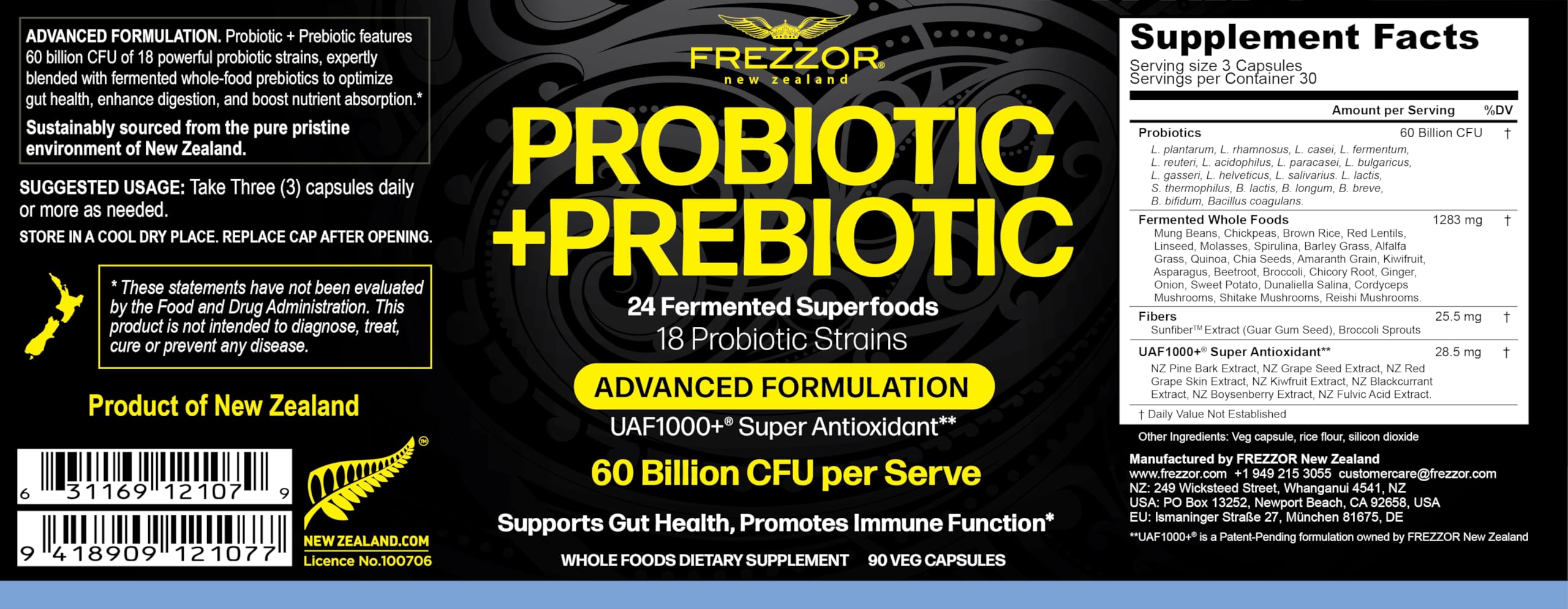 Frezzor Probiotic capsules highlighting 18 strains and fermented wholefoods for digestive support.