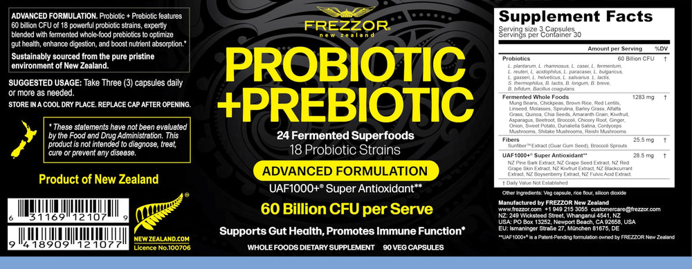 Frezzor Probiotic capsules highlighting 18 strains and fermented wholefoods for digestive support.