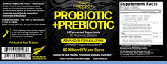 Frezzor Probiotic capsules highlighting 18 strains and fermented wholefoods for digestive support.