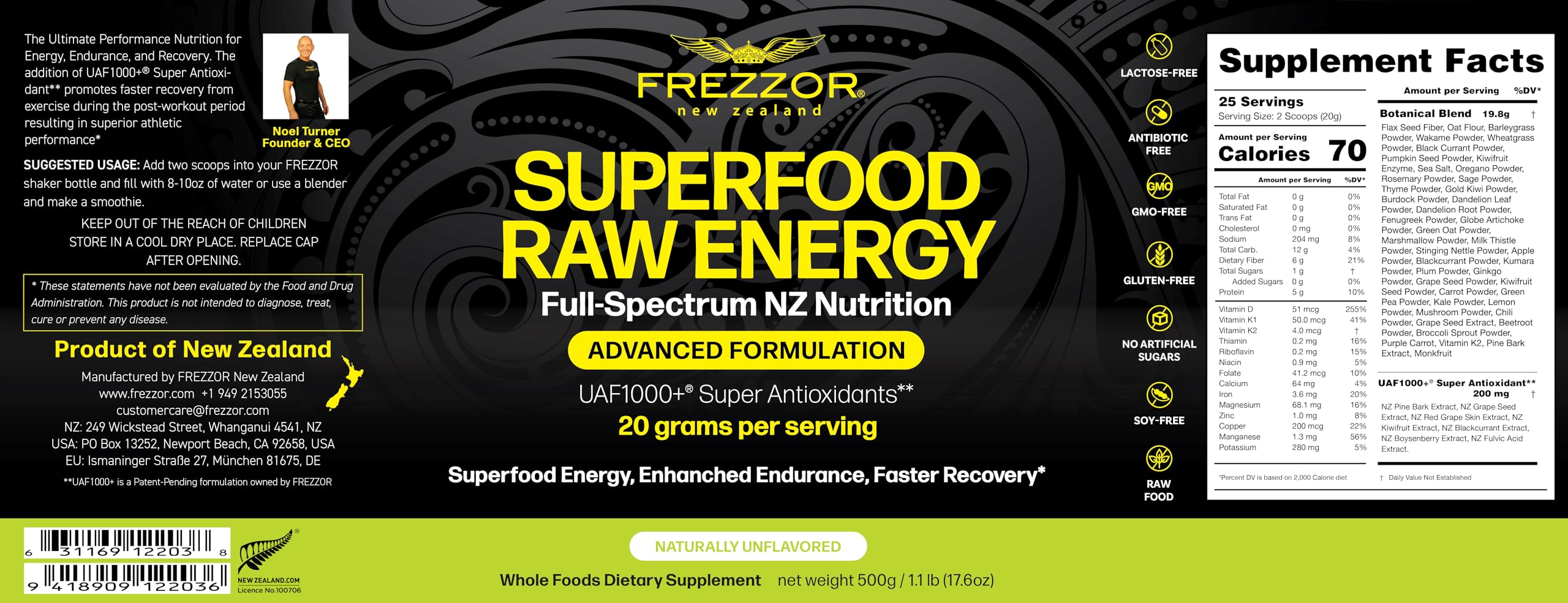 FREZZOR Superfood serving scoop beside a smoothie for a convenient daily boost.