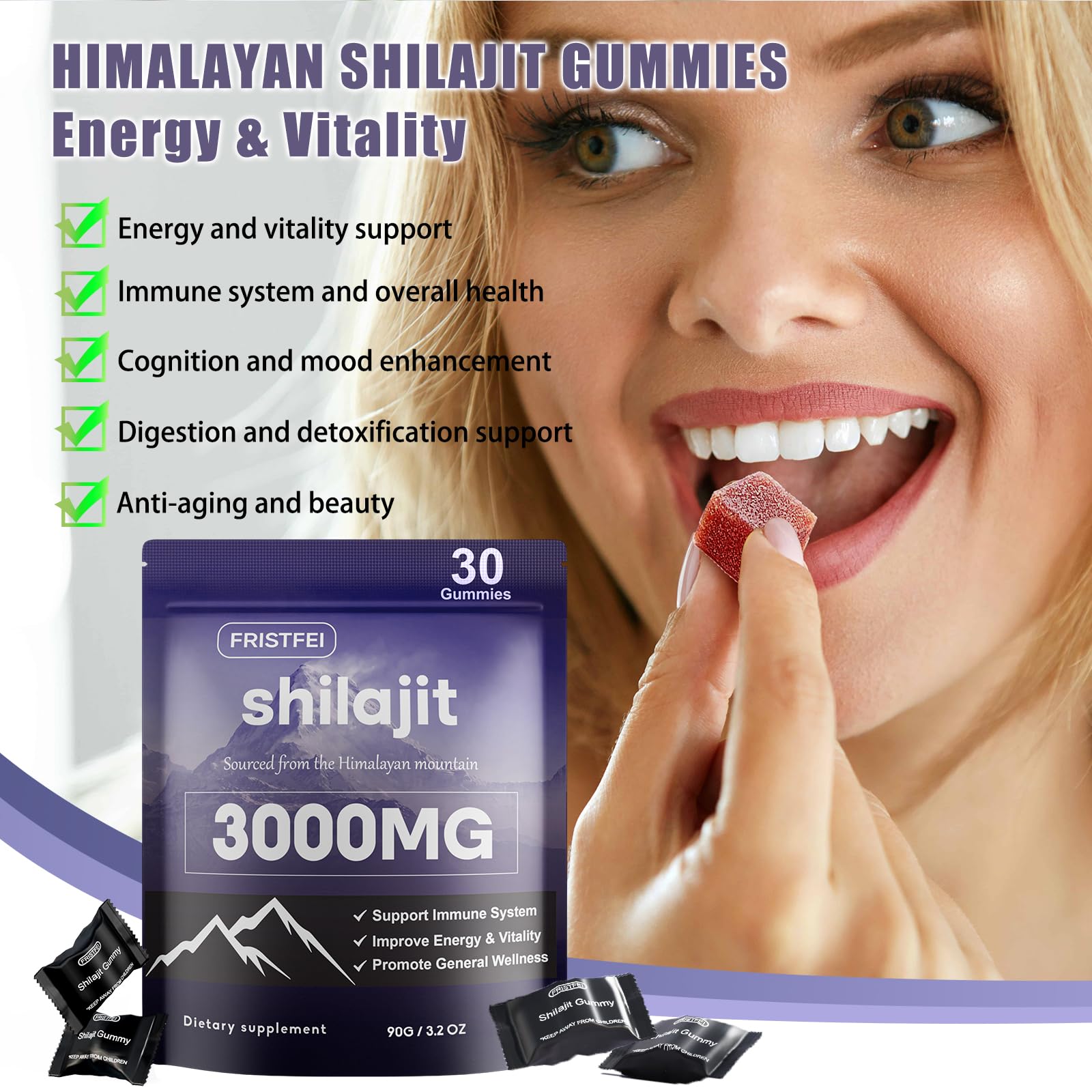 Fristfei Shilajit Gummies bottle with label indicating 85+ minerals.