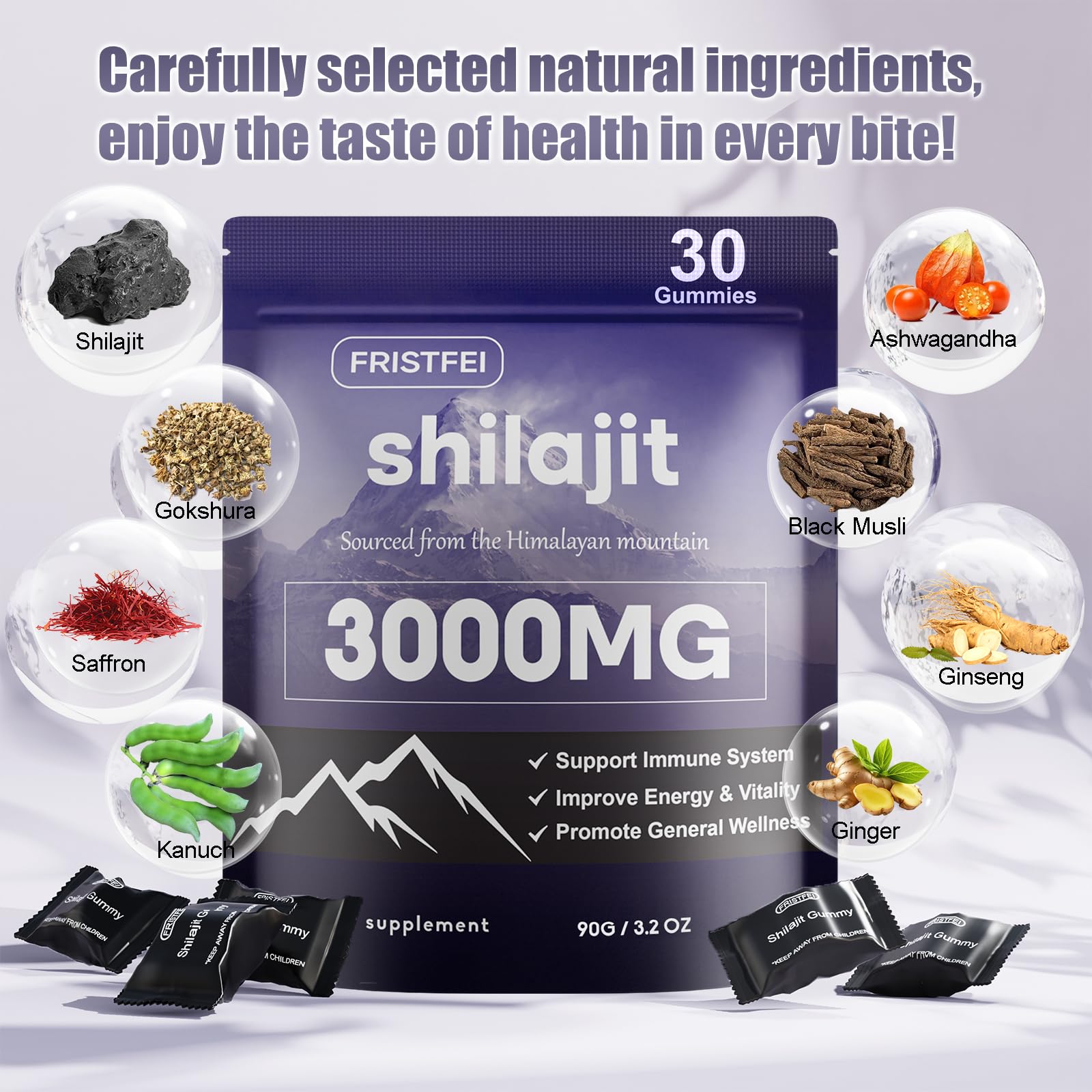 Fristfei Shilajit Gummies close-up texture for bite-sized convenience.