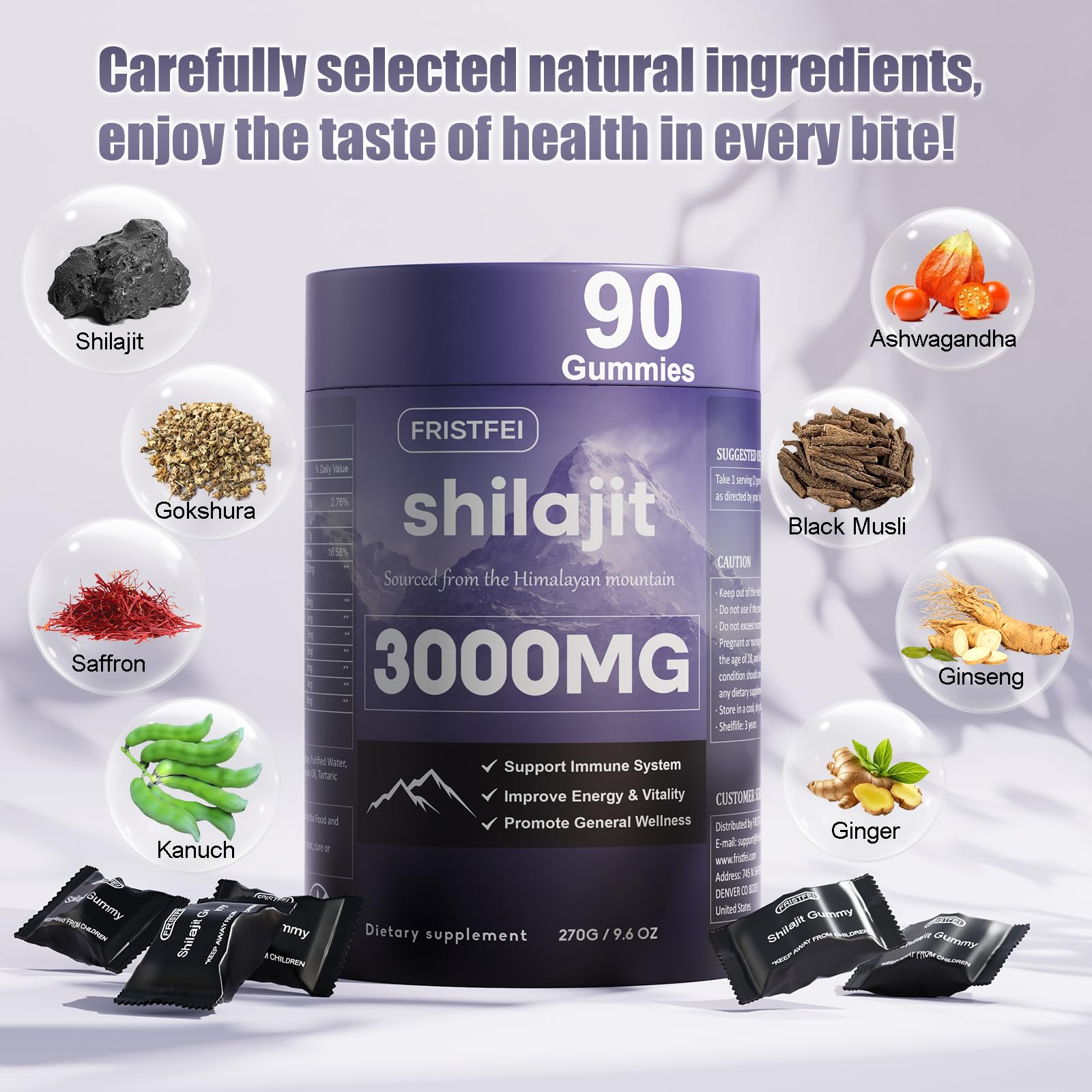 Fristfei Shilajit Gummies closeup showing textured gummies for easy consumption.