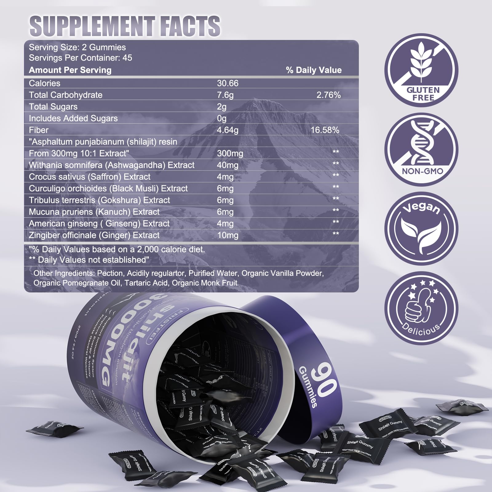 Fristfei Shilajit Gummies packaging back, highlights minerals and daily wellness benefits.