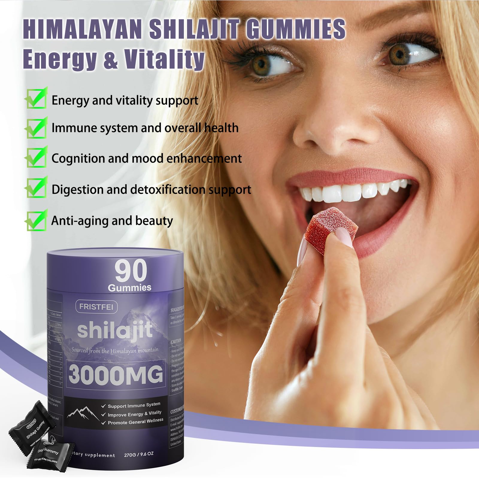 Fristfei Shilajit Gummies box packaging highlights minerals and fulvic acid.