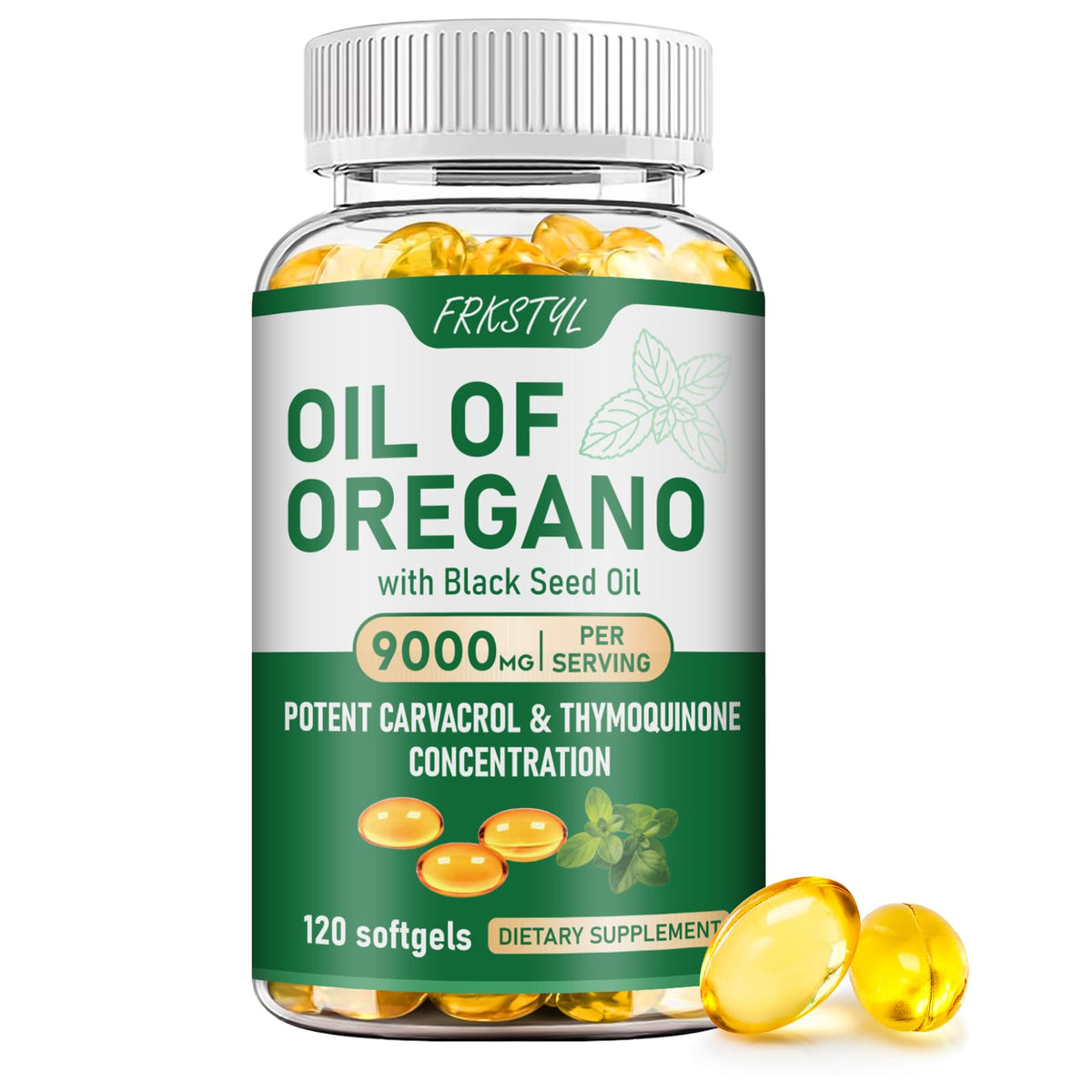 FRKSTYL Oil of Oregano with Black Seed Softgels in bottle for daily immune and digestive support.