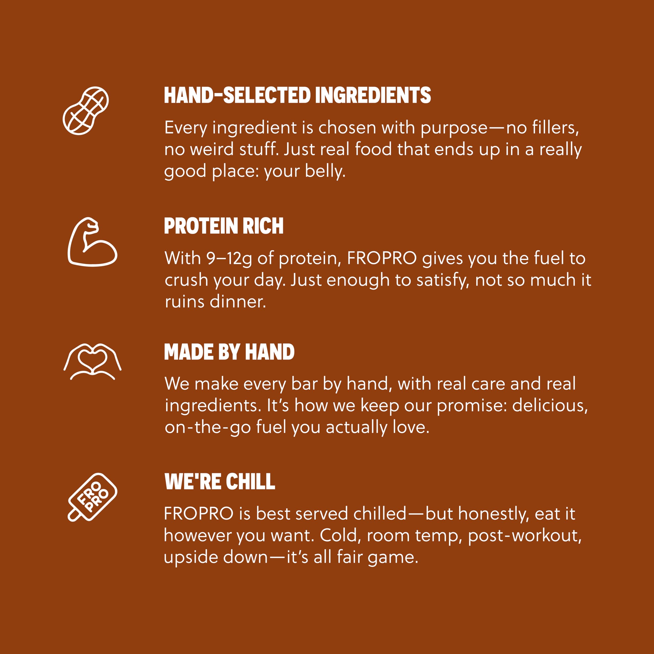 FRO PRO provides 9–10g plant protein per bar for busy days