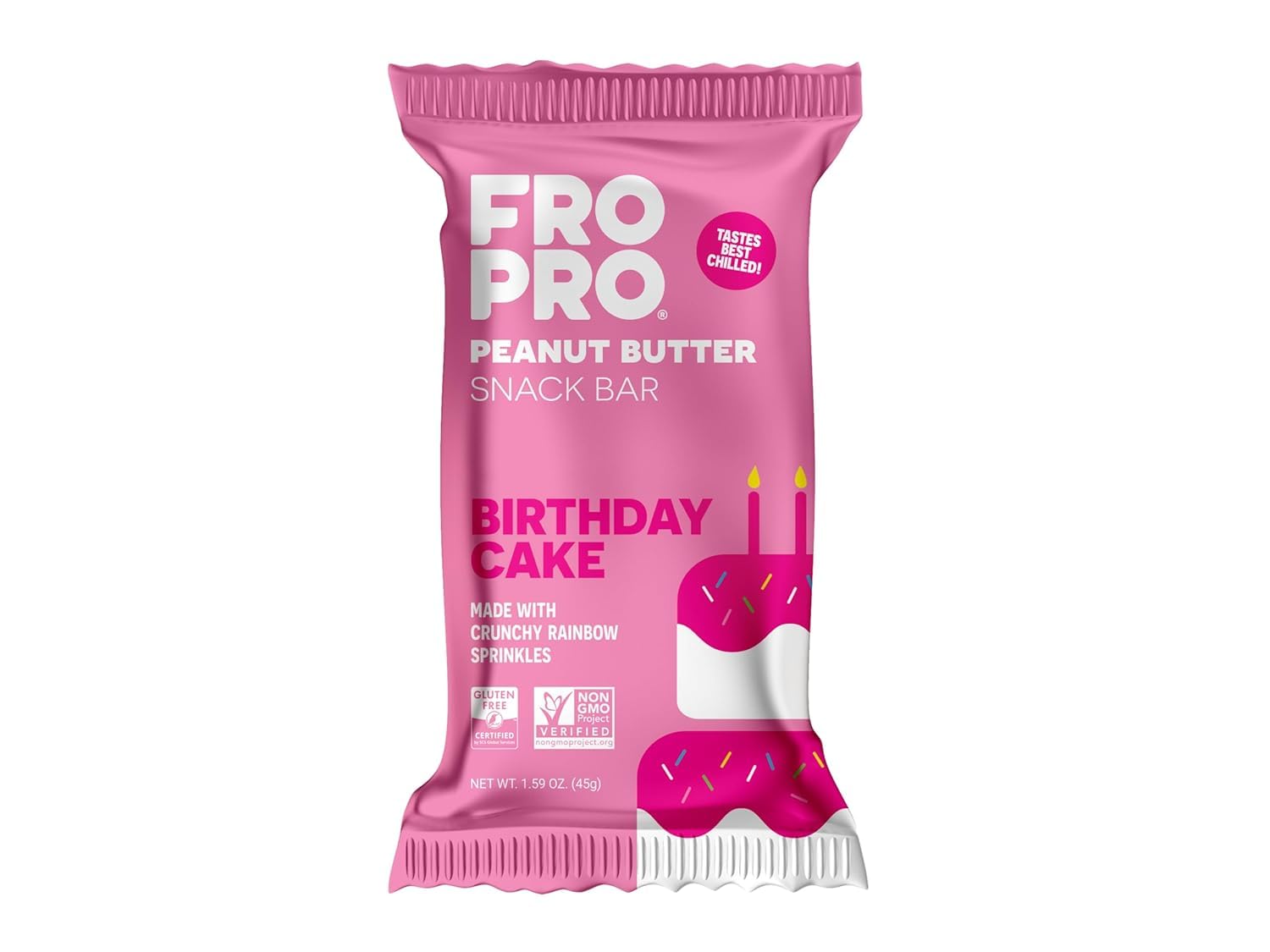 FRO PRO Birthday Cake bar pack close-up with rainbow sprinkles for a protein snack