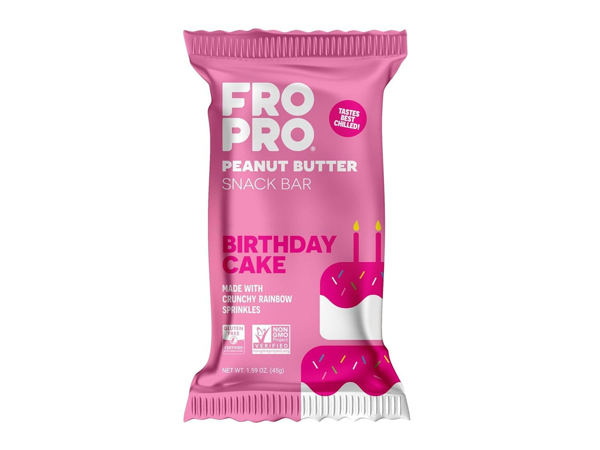 FRO PRO Birthday Cake bar pack close-up with rainbow sprinkles for a protein snack