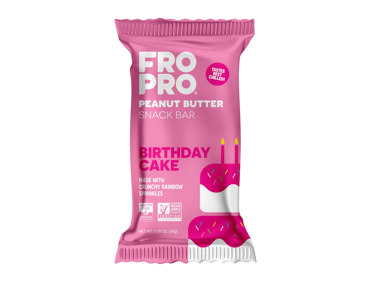FRO PRO Birthday Cake bar pack front, convenient grab-and-go protein snack.