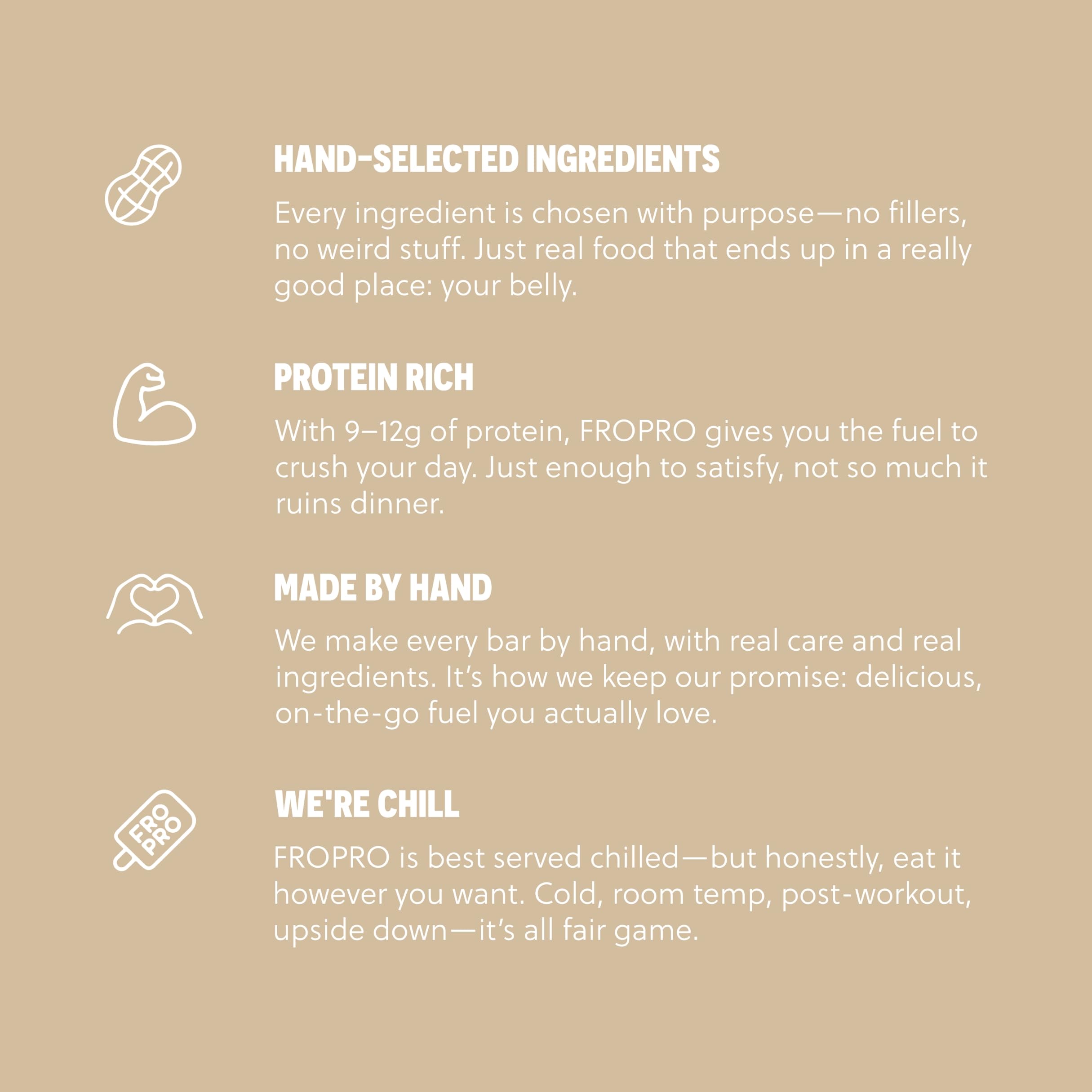 FRO PRO bar ingredients image shows gluten-free, dairy-free, soy-free profile