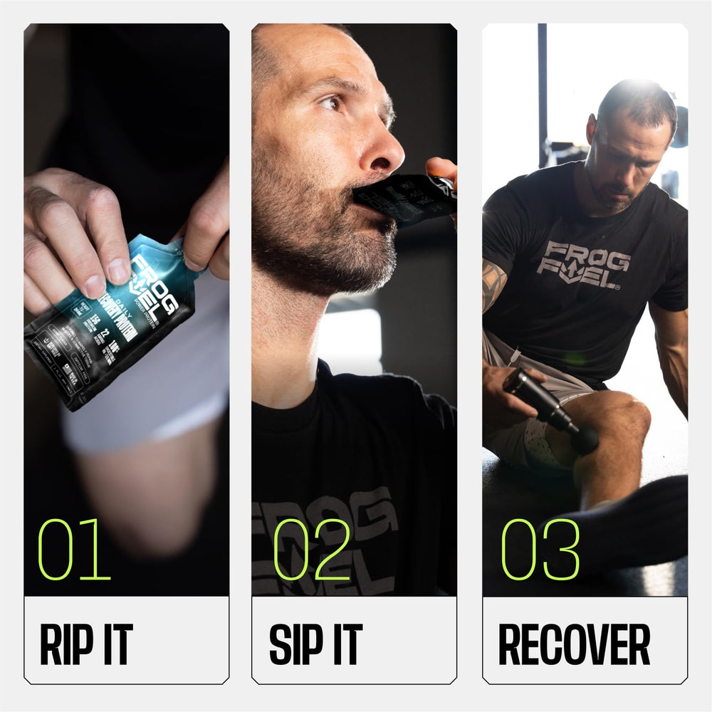 Pouring Frog Fuel Power Shot Berry for fast post-workout nutrition