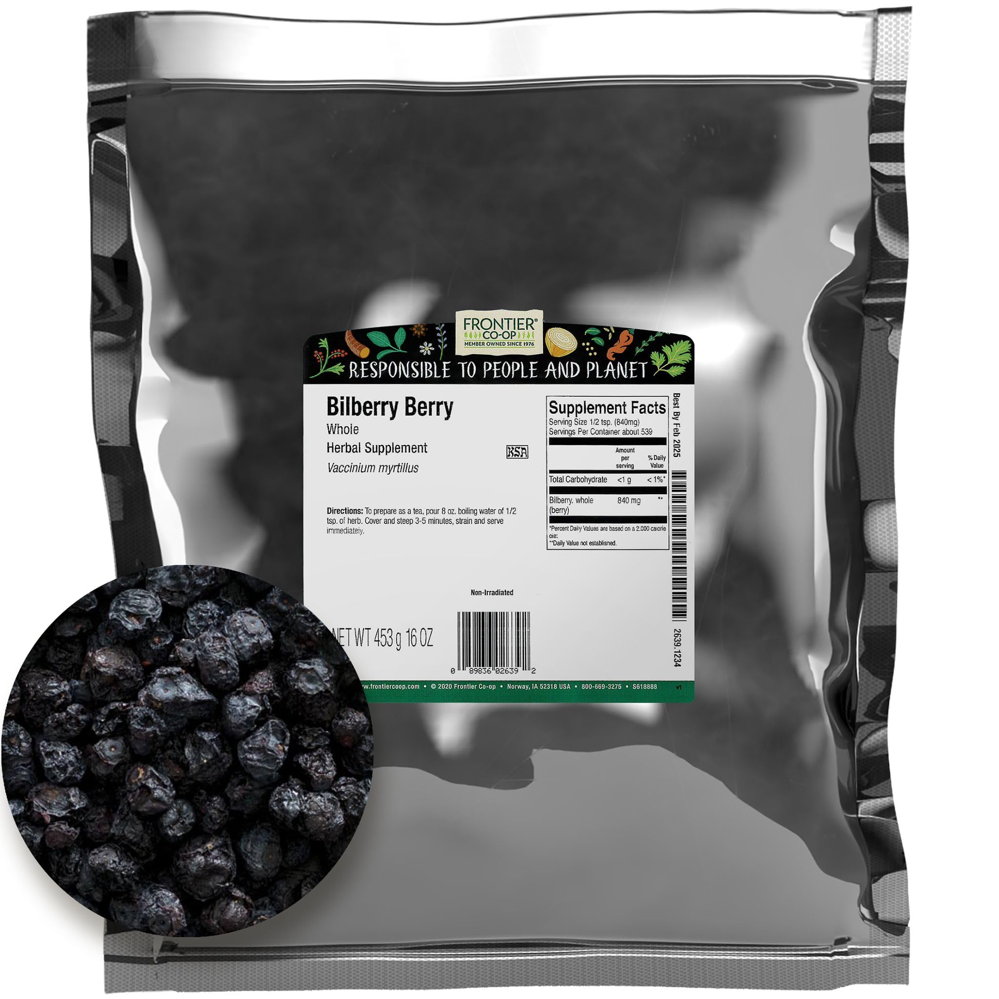 Frontier Bilberry Whole in bulk bag with vibrant pigment for baking and toppings.